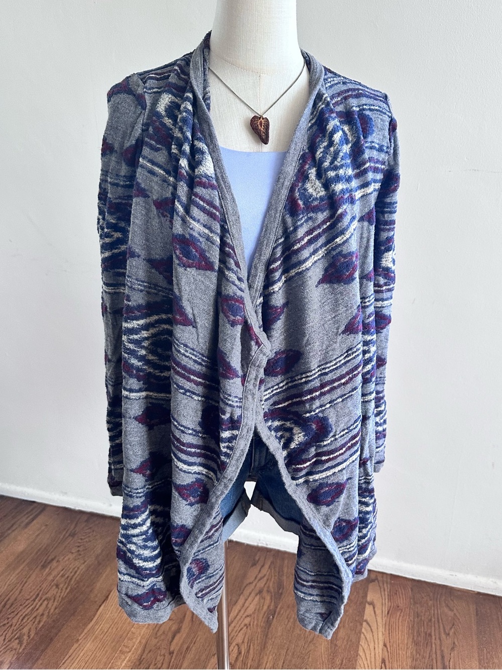 Lucky Brand Gray Southwestern Open Cardigan Wrap Sweater Medium